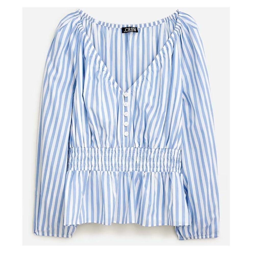 NWT J.Crew V-neck smocked-waist blue stripe cotton long-sleeve top Size L